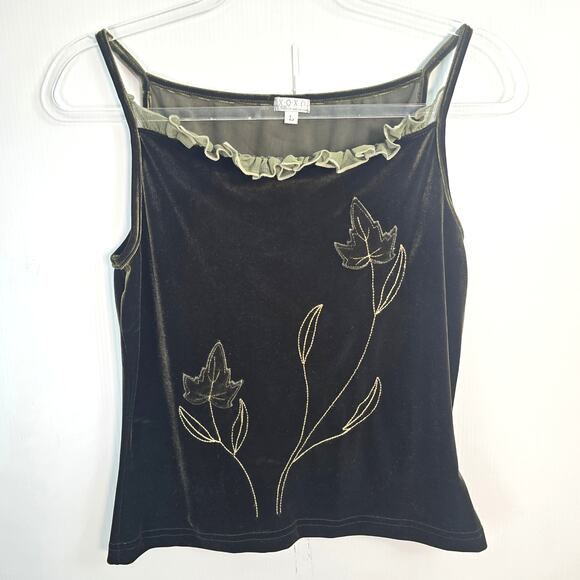 Y2K 90s XOXO Velvet Ruffle Trim Floral Embroidered Tank Top L Dark Green - Picture 1 of 7